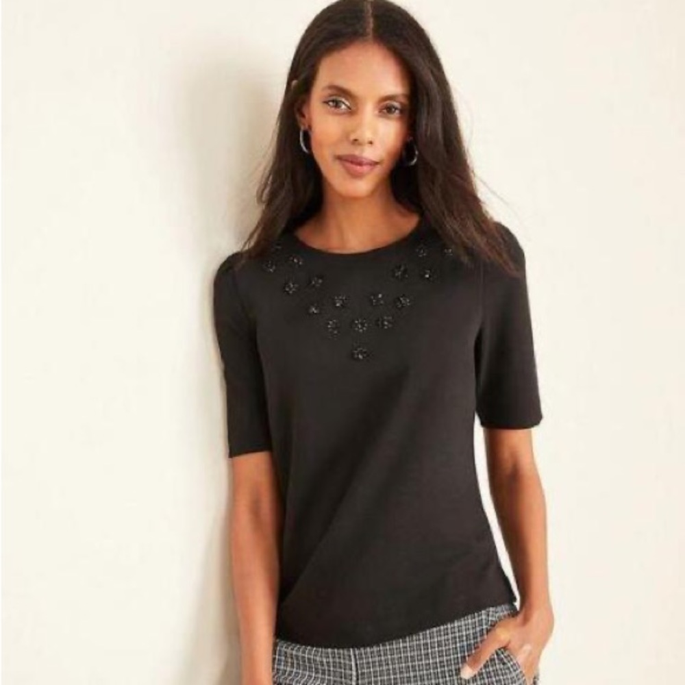 ANN TAYLOR BLACK FLORAL BEADED PUFF SLEEVE TOP NWT